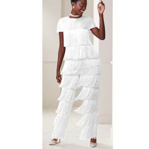 Ashro White Fringe 2 Piece Pant Set Mesh Top Wide Leg Pants Style Womens Size M